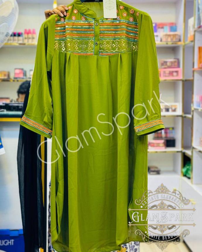 Georgette Long Kurti-Mehedi Green