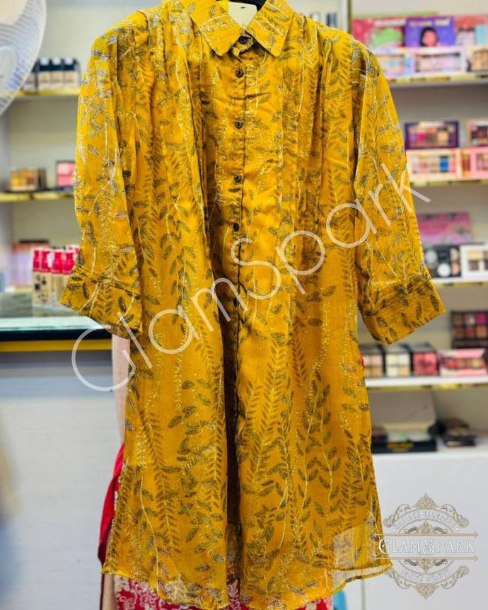 Georgette Leaves Classy Printed Shirt-Goldenrod