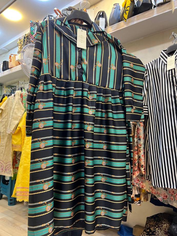 Gren & Black Striped Shirt Style Frock